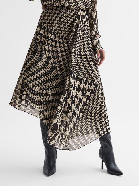 Reiss Black/White Oksana Dogtooth Asymmetric Midi Skirt