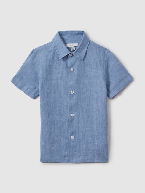 Reiss Sky Blue Holiday Short Sleeve Linen Shirt