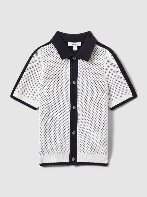 Reiss Navy/Optic White Misto Teen Cotton Blend Open Stitch Shirt