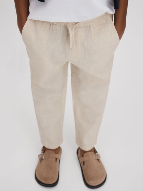 Reiss Stone Wilfred Senior Linen Drawstring Tapered Trousers