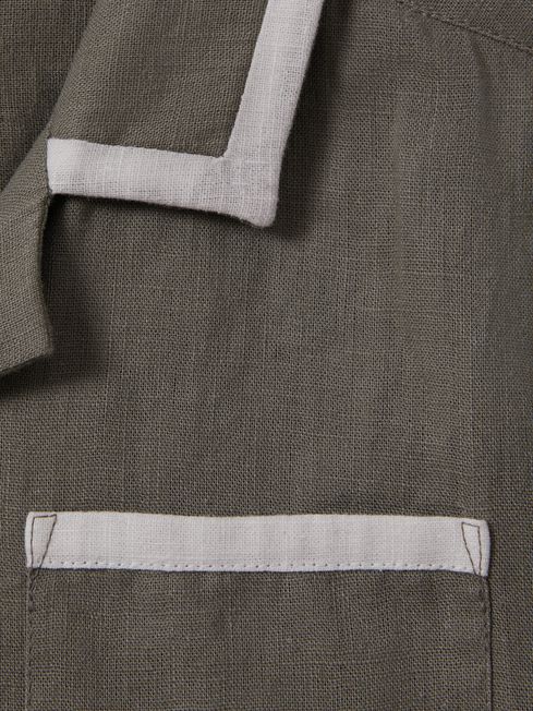 Reiss Khaki/White Vitan Teen Linen Contrast Cuban Collar Shirt