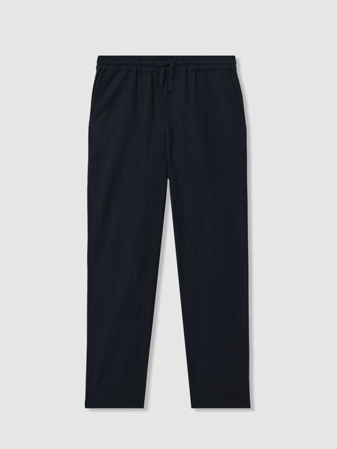 Reiss Navy Wilfred Teen Linen Drawstring Tapered Trousers