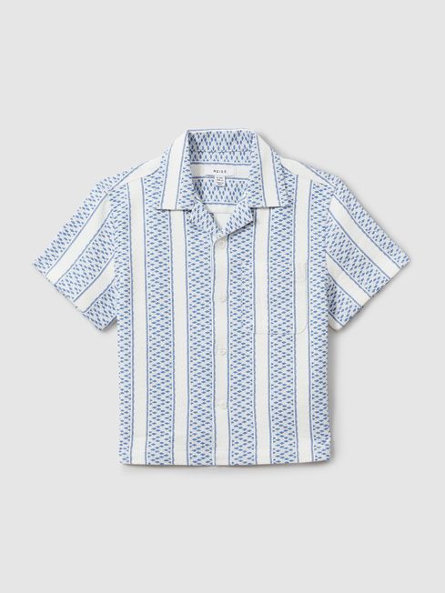 Reiss Blue/White Kesh Herringbone Cuban Collar Shirt