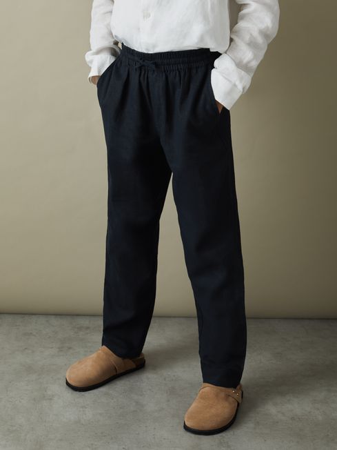 Reiss Navy Wilfred Senior Linen Drawstring Tapered Trousers