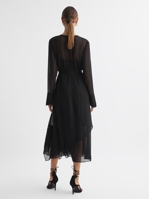 Reiss Black Callie Belted Ruffle Midi Dress