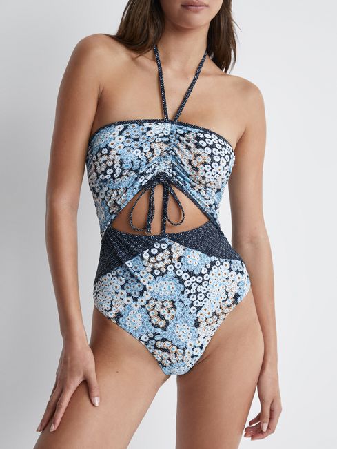 Reiss Navy Megan Printed Cut-Out Swimsuit