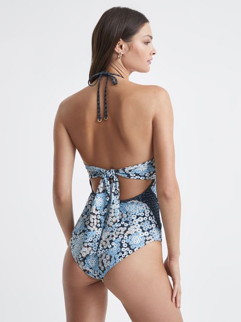 Printed Cut-Out Swimsuit in Navy
