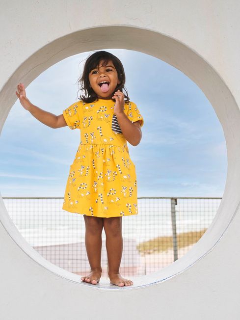 Buy Mustard Girls Lemur Print Dress with Pockets from the JoJo Maman Bebe UK online shop