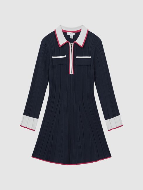 Reiss Navy Annie Senior Ribbed Colourblock Mini Dress
