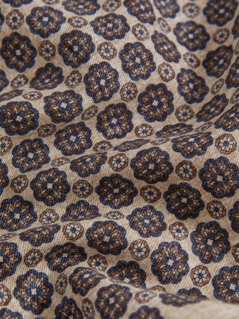 Reiss Oatmeal Melange/Navy Sassari Cotton-Wool Medallion Print Pocket Square