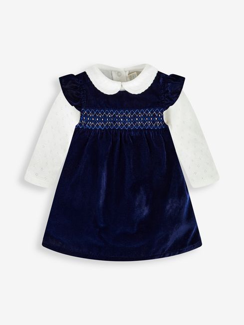 JoJo Maman B b Navy Blue Girls 2 Piece Velvet Smocked Baby Dress Body Set