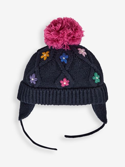 JoJo Maman Bébé Navy Girls' Floral Embroidered Cable Hat
