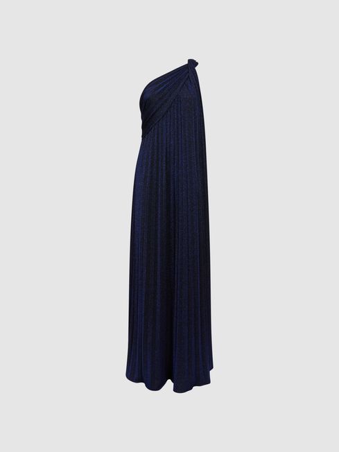 Halston Pleated One Shoulder Maxi Dress in Navy REISS Ireland
