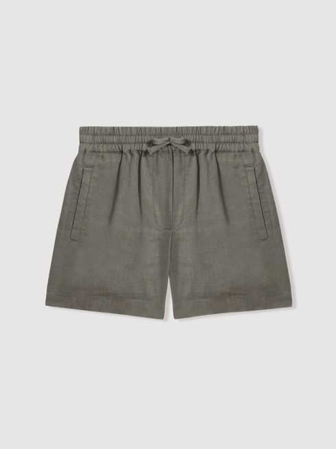 Reiss Khaki Acen Linen Drawstring Shorts
