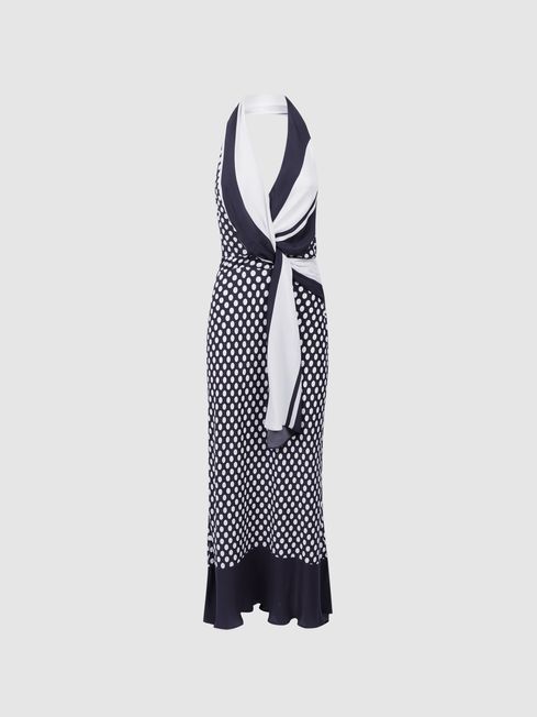 Striped Polka Dot Halter Maxi Dress in Navy White REISS USA