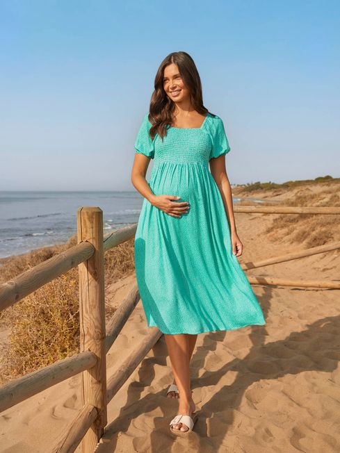 JoJo Maman Bébé Green Spot Shirred Maternity Midi Dress