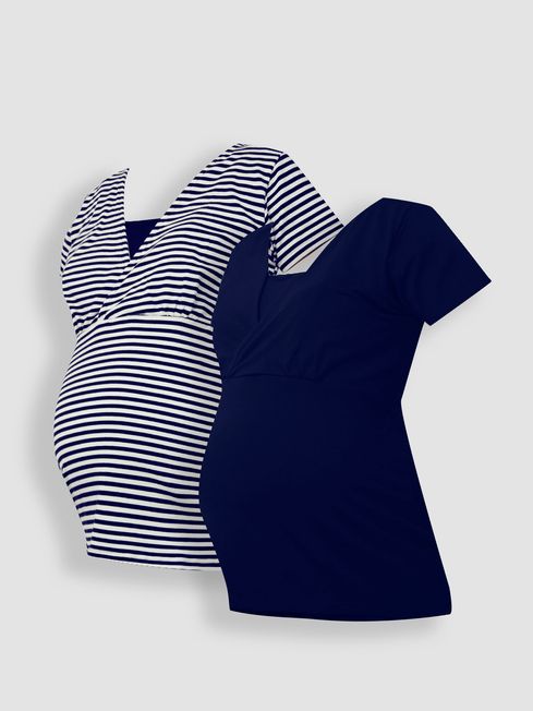 JoJo Maman Bébé Blue White Stripe & Navy Blue 2-Pack Maternity & Nursing T-Shirts