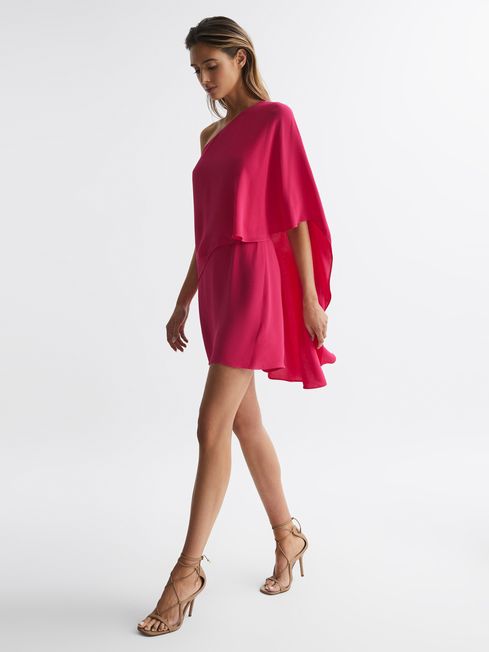Reiss Bright Pink Blake One Shoulder Cape Mini Dress