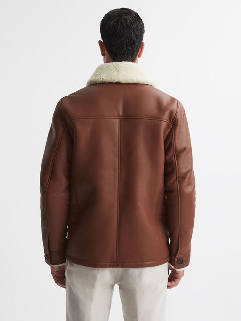Leather Shearling Button-Through Jacket in Brown