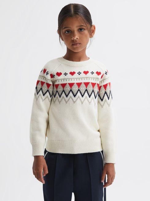 Reiss Ivory Charlotte Junior Relaxed Wool-Cotton Argyle Jumper