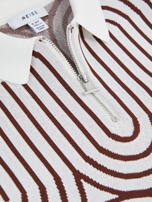 Reiss White/Brown Maycross Senior Half-Zip Striped Polo T-Shirt