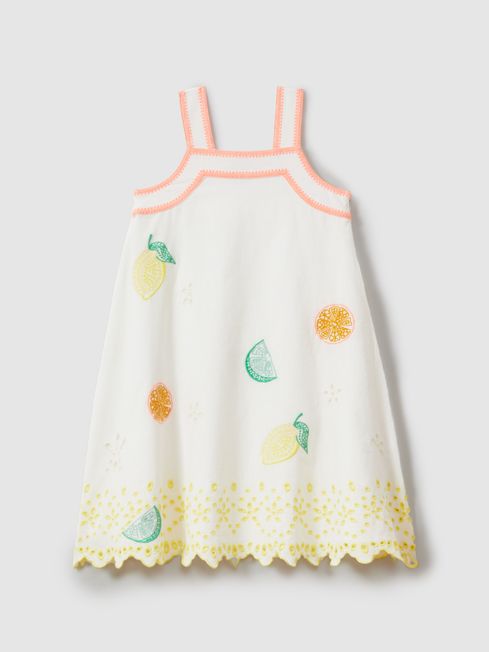 Reiss Ivory Print Arabella Teen Cotton Linen Broderie Dress
