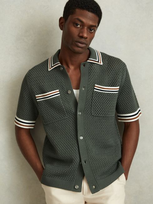 Reiss Dark Sage Green Coulson Cotton Blend Crochet Shirt