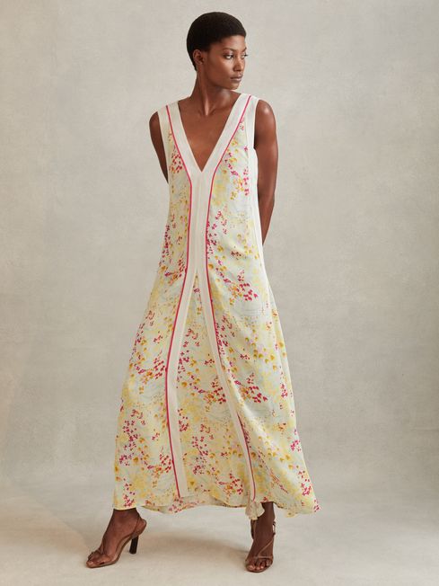 Reiss Pink/Yellow Eliza Floral Print Maxi Dress