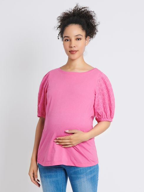 JoJo Maman Bébé Pink Broderie Sleeve Maternity T-Shirt