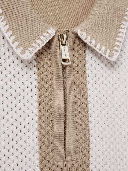Reiss Brown Paros Knitted Striped Half Zip Polo Shirt