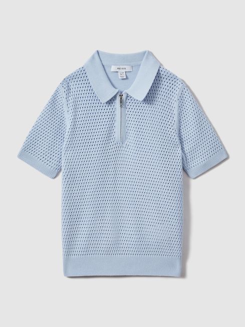Reiss Soft Blue Burnham Teen Textured Half-Zip Polo T-Shirt