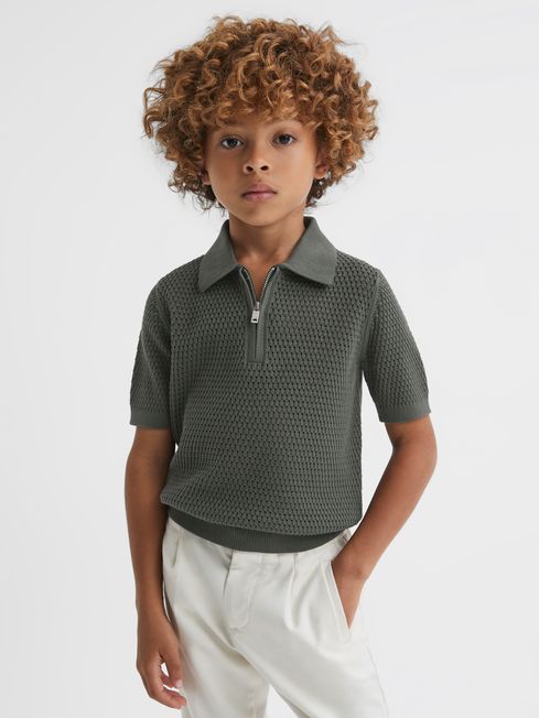 Reiss Dark Sage Burnham Teen Textured Half-Zip Polo T-Shirt