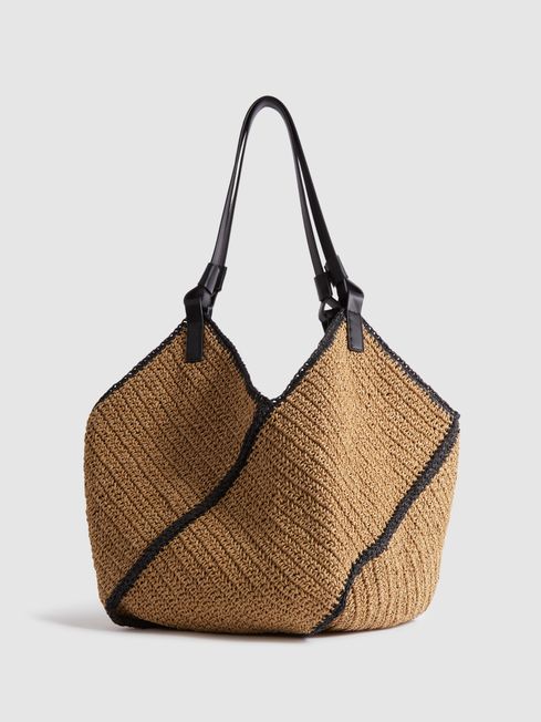 Reiss Natural Farrah Woven Diagonal Seam Tote Bag