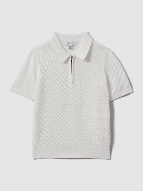 Reiss Optic White Burnham Teen Textured Half-Zip Polo T-Shirt