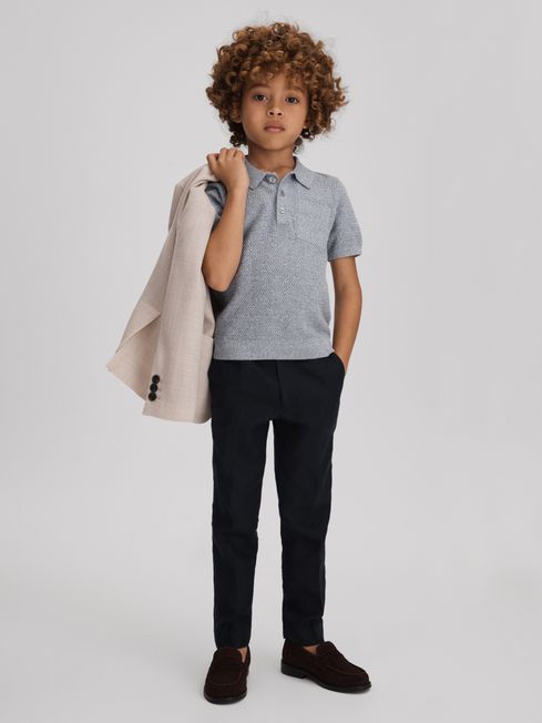 Reiss Blue Melange Demetri Junior Textured Cotton Polo Shirt