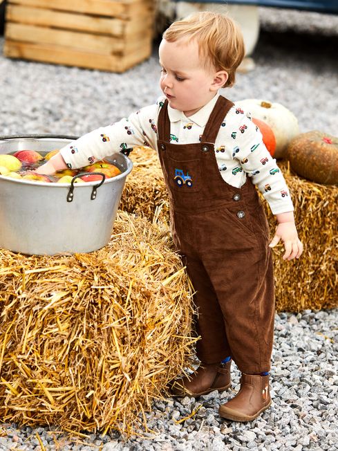 JoJo Maman Bébé Toffee Brown Tractor Embroidered Pocket Cord Dungarees