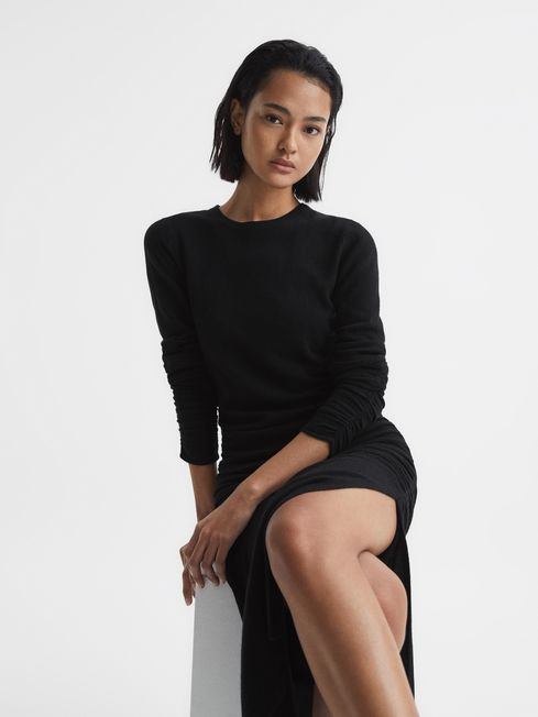 Black ruched midi dress sales