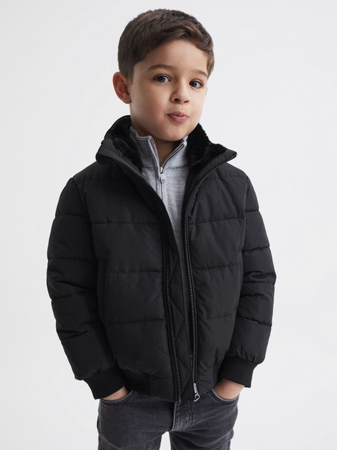 Reiss Black Frost Junior Faux Fur Trim Puffer Jacket