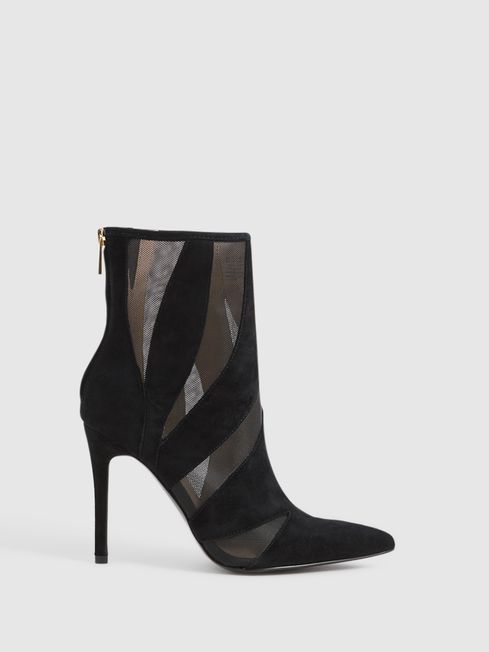 Reiss Black Dahlia Suede Sheer Heeled Ankle Boots