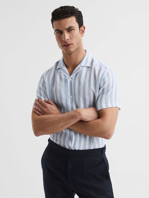 Reiss Soft Blue Stripe Rufus Linen Cuban Collar Shirt