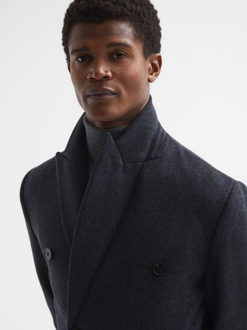 Reiss Airforce Blue Melange Reflection Double Breasted Long Wool Overcoat