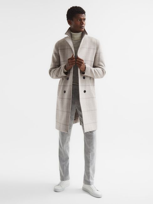 Reiss Soft Grey Billet Double Breasted Long Checked Overcoat