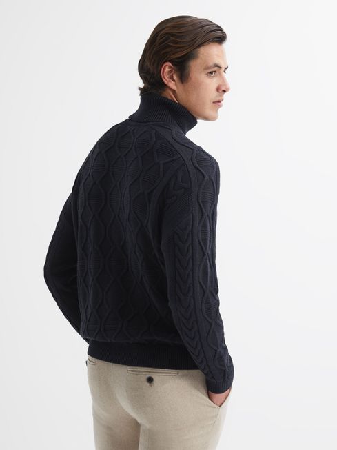 Cable Knitted Roll Neck Jumper in Navy
