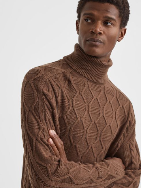 Reiss Tobacco Alston Cable Knitted Roll Neck Jumper
