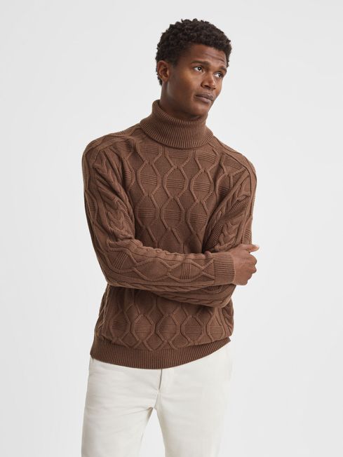 Cable Knitted Roll Neck Jumper in Tobacco