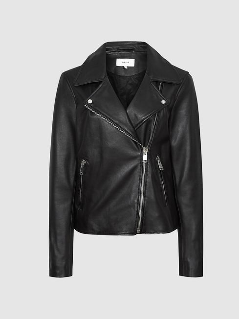 Leather Biker Jacket in Black REISS France