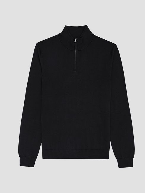 Merino Wool Zip Neck Jumper in Black