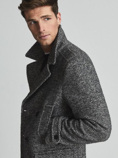 Reiss Grey Yule Herringbone Double Breasted Coat