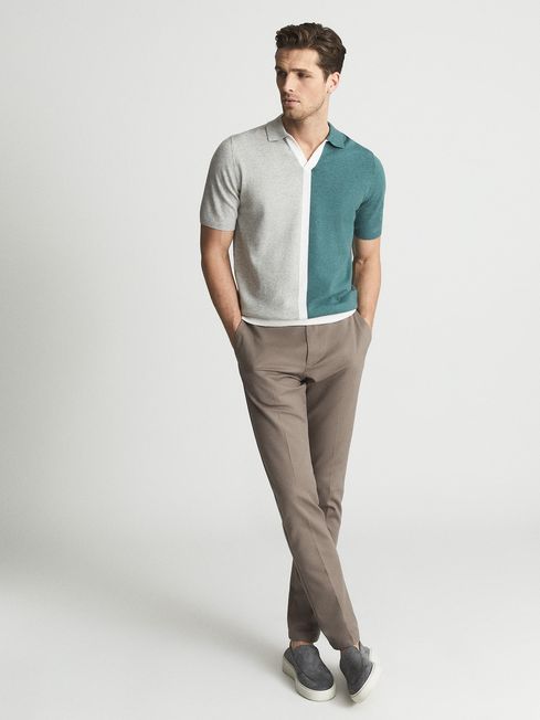 Reiss Teal Marcus Colour Block Knitted Polo T-Shirt