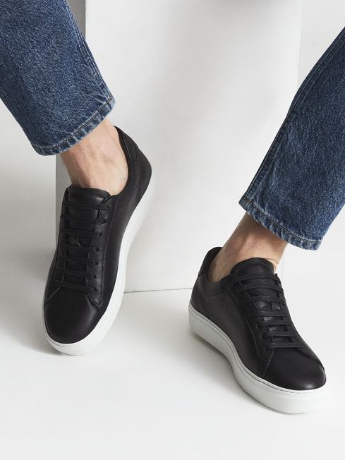 Black leather trainers white sole hot sale